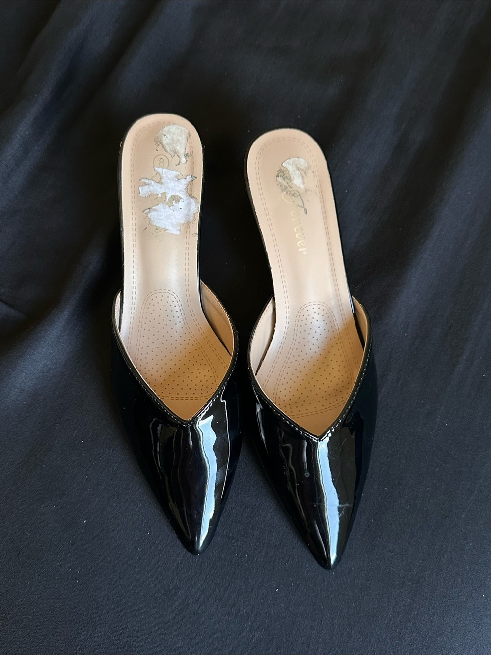 Kitten Heel Black Patent Pointed-Toe Slip-On Mules